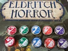 Load image into Gallery viewer, Arkham Horror Under the Pyramids improvement and impairment tokens. Double Sided tokens. Lore, Influence, Observation, Strength, Will Tokens +1 +2