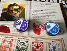 Load image into Gallery viewer, Arkham Horror Under the Pyramids improvement and impairment tokens. Double Sided tokens. Lore, Influence, Observation, Strength, Will Tokens +1 +2