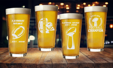 Load image into Gallery viewer, Fantasy Football Glass - Etched Pint Glass for Super Bowl Party Gifts, Custom Beer Glass with League Name, Draft Party Gift Super Bowl 2021