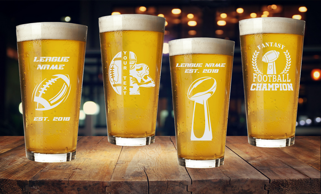 Fantasy Football Glass - Etched Pint Glass for Super Bowl Party Gifts, Custom Beer Glass with League Name, Draft Party Gift Super Bowl 2021
