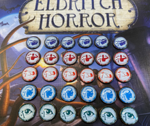 Load image into Gallery viewer, Eldritch Horror Improvement Tokens! Lore, Influence, Observation, Strength, and Will Tokens. Arkham Horror LCG 30 Token Set
