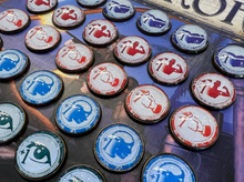 Load image into Gallery viewer, Eldritch Horror Improvement Tokens! Lore, Influence, Observation, Strength, and Will Tokens. Arkham Horror LCG 30 Token Set
