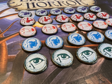 Load image into Gallery viewer, Eldritch Horror Improvement Tokens! Lore, Influence, Observation, Strength, and Will Tokens. Arkham Horror LCG 30 Token Set
