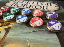 Load image into Gallery viewer, Arkham Horror Under the Pyramids improvement and impairment tokens. Double Sided tokens. Lore, Influence, Observation, Strength, Will Tokens +1 +2
