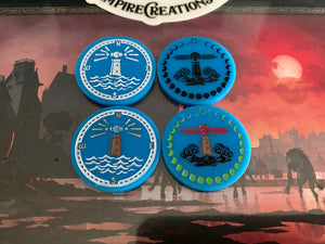 Arkham Horror Innsmouth Conspiracy Flood / Water tokens. 5 double sided tokens